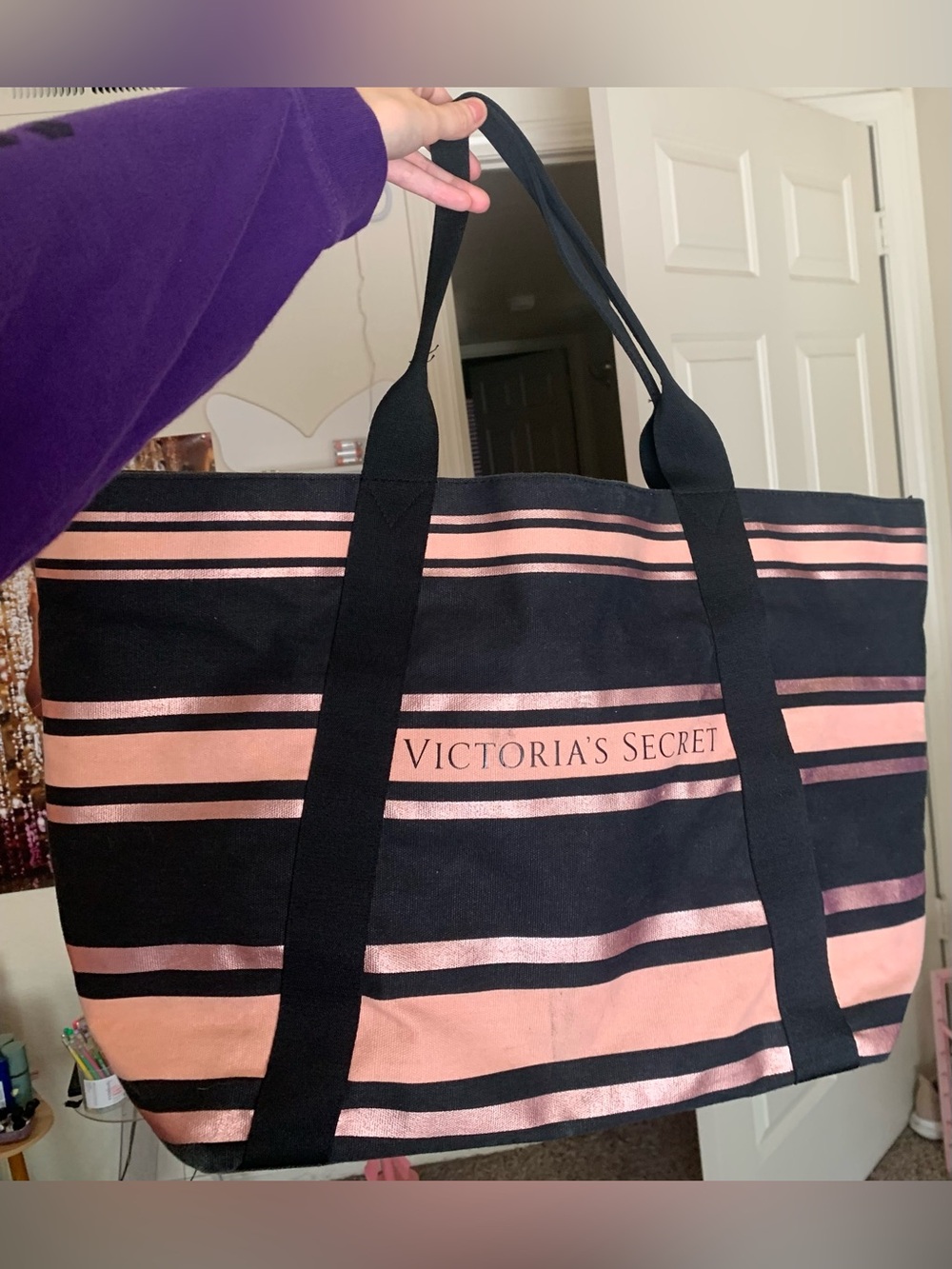 Victoria's Secret Black and Pink Striped Canvas Tote